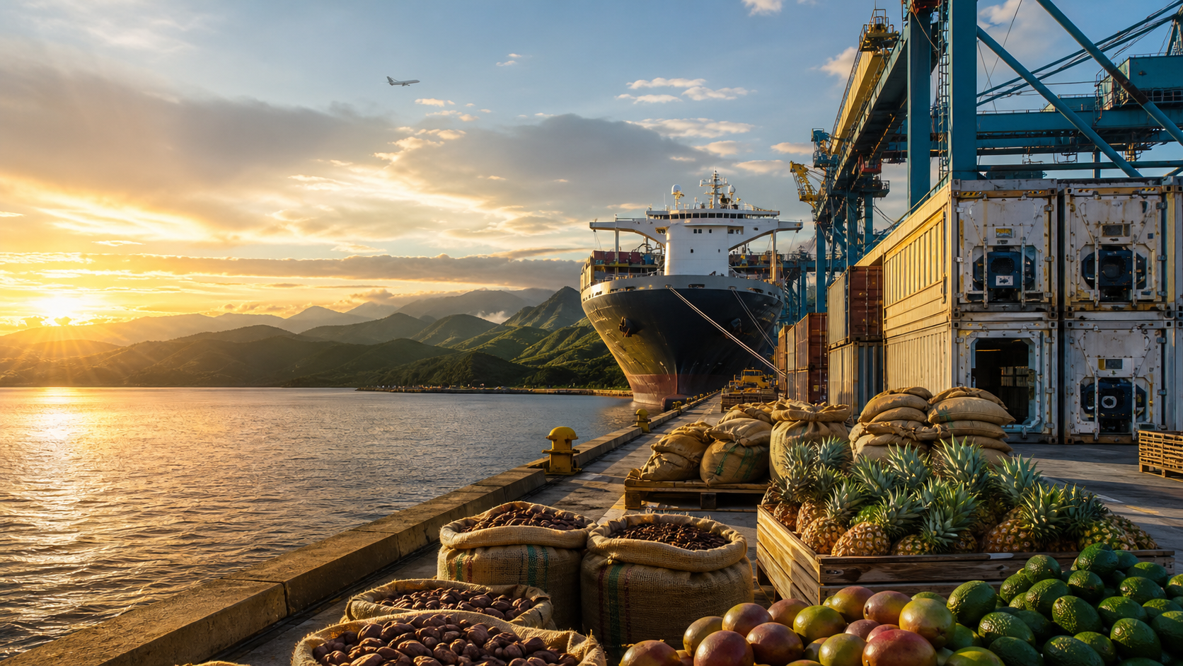 Agricultural products and a cargo vessel at a Latin American export port